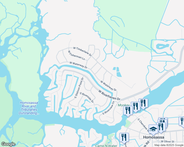 map of restaurants, bars, coffee shops, grocery stores, and more near 11600 West Waterway Drive in Homosassa