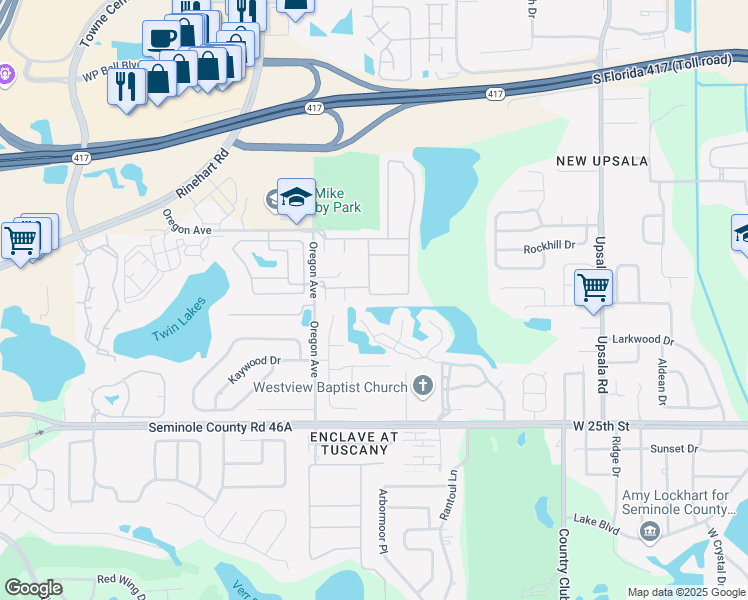 map of restaurants, bars, coffee shops, grocery stores, and more near 1224 Travertine Terrace in Sanford