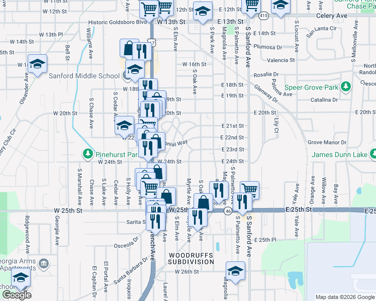 map of restaurants, bars, coffee shops, grocery stores, and more near 2360 Revona Court in Sanford
