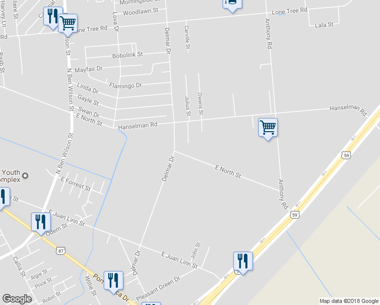 map of restaurants, bars, coffee shops, grocery stores, and more near 4302 East North Street in Victoria