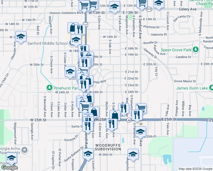 map of restaurants, bars, coffee shops, grocery stores, and more near 2360 Revona Court in Sanford