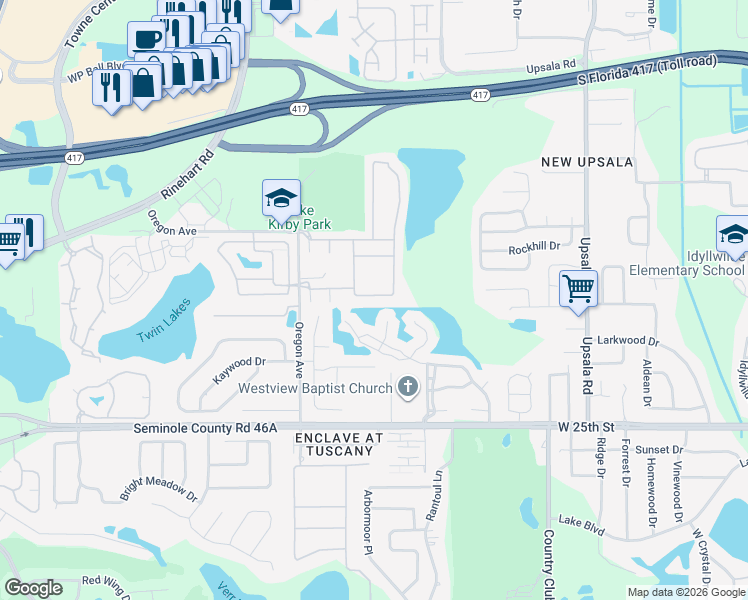 map of restaurants, bars, coffee shops, grocery stores, and more near 1246 Travertine Terrace in Sanford