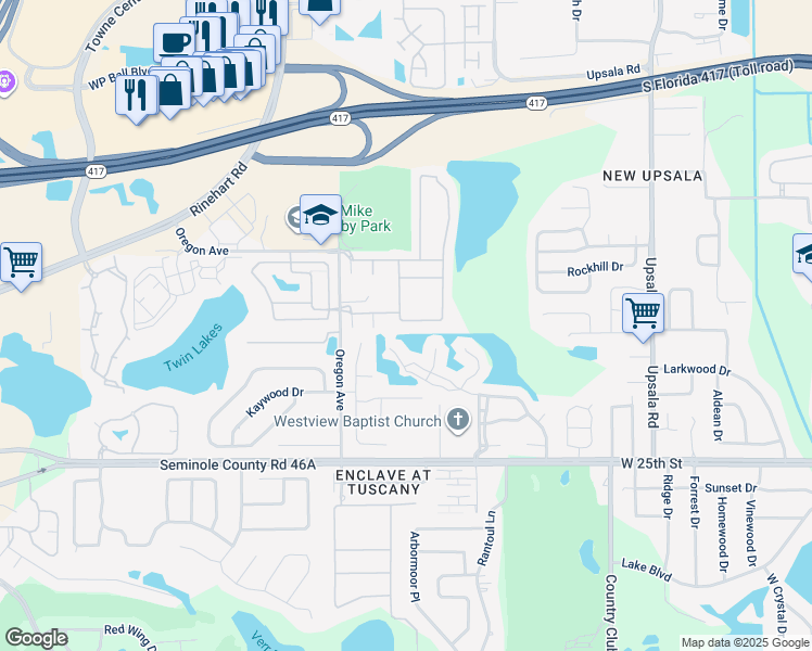 map of restaurants, bars, coffee shops, grocery stores, and more near 1246 Travertine Terrace in Sanford