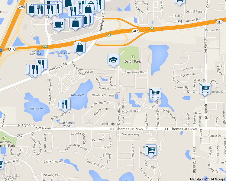 map of restaurants, bars, coffee shops, grocery stores, and more near 2360 Retreat View Circle in Sanford