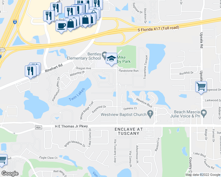 map of restaurants, bars, coffee shops, grocery stores, and more near 2350 Retreat View Circle in Sanford