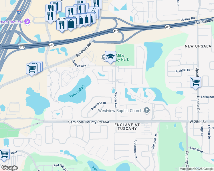 map of restaurants, bars, coffee shops, grocery stores, and more near 2260 Retreat View Circle in Sanford