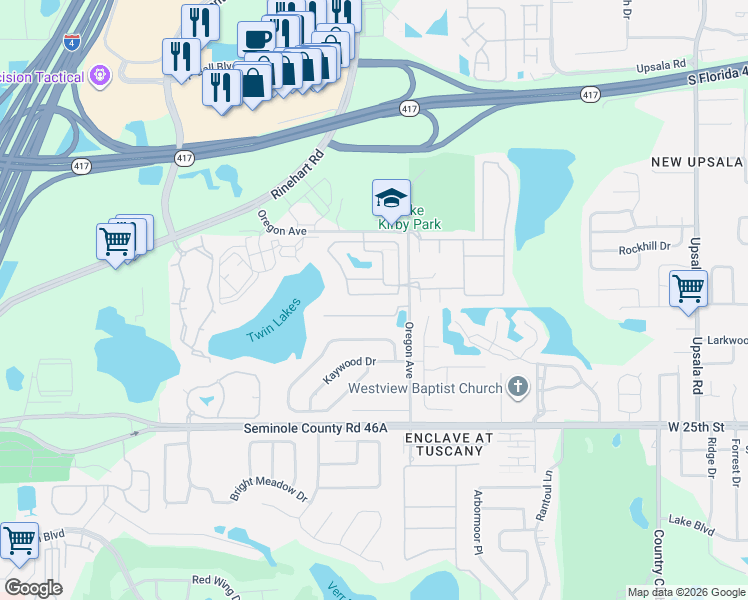 map of restaurants, bars, coffee shops, grocery stores, and more near 2230 Retreat View Circle in Sanford