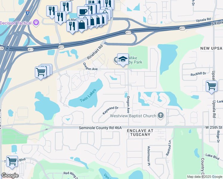 map of restaurants, bars, coffee shops, grocery stores, and more near 2040 Retreat View Circle in Sanford
