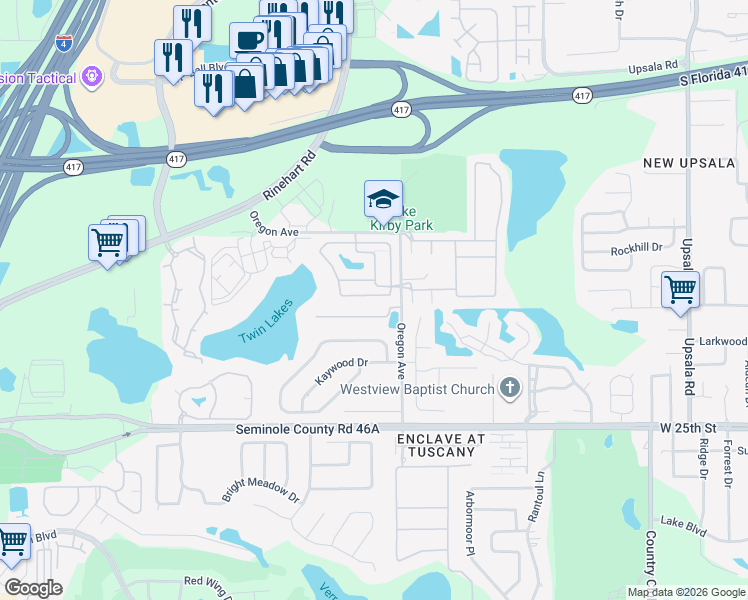 map of restaurants, bars, coffee shops, grocery stores, and more near 2310 Retreat View Circle in Sanford
