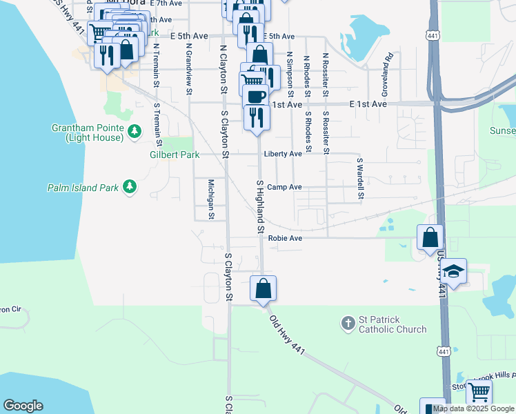 map of restaurants, bars, coffee shops, grocery stores, and more near 709 South Highland Street in Mount Dora