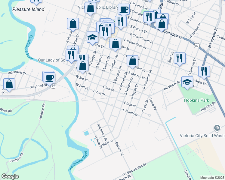 map of restaurants, bars, coffee shops, grocery stores, and more near 408 East 3rd Street in Victoria