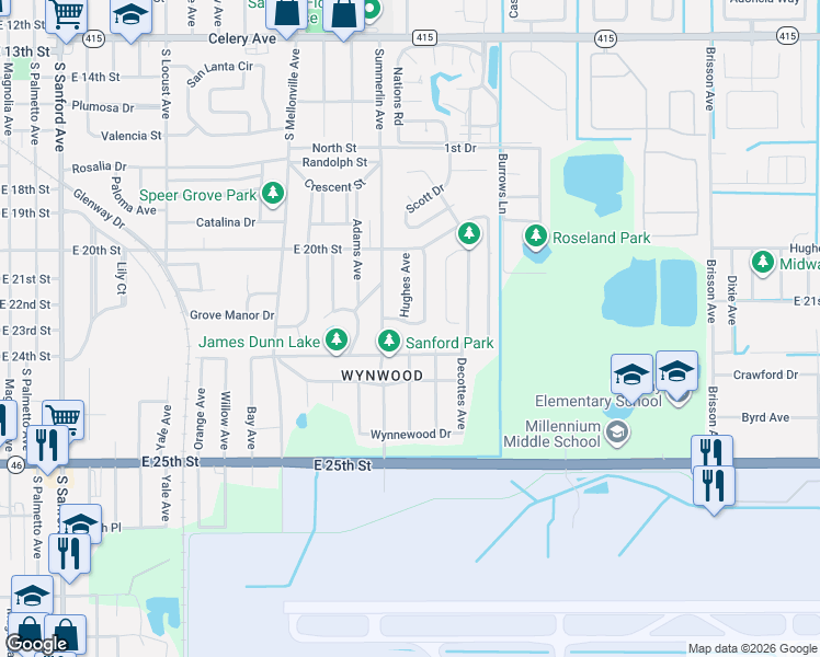 map of restaurants, bars, coffee shops, grocery stores, and more near 2390 Stevens Avenue in Sanford