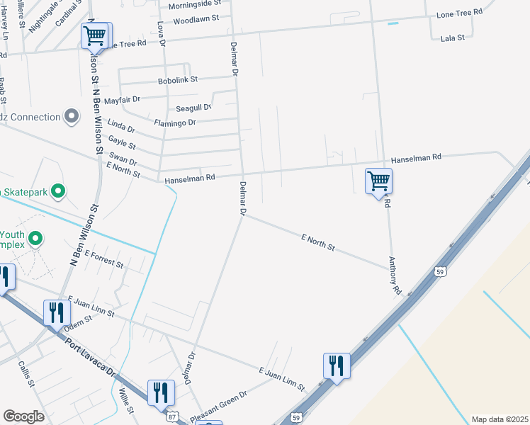 map of restaurants, bars, coffee shops, grocery stores, and more near 4302 East North Street in Victoria