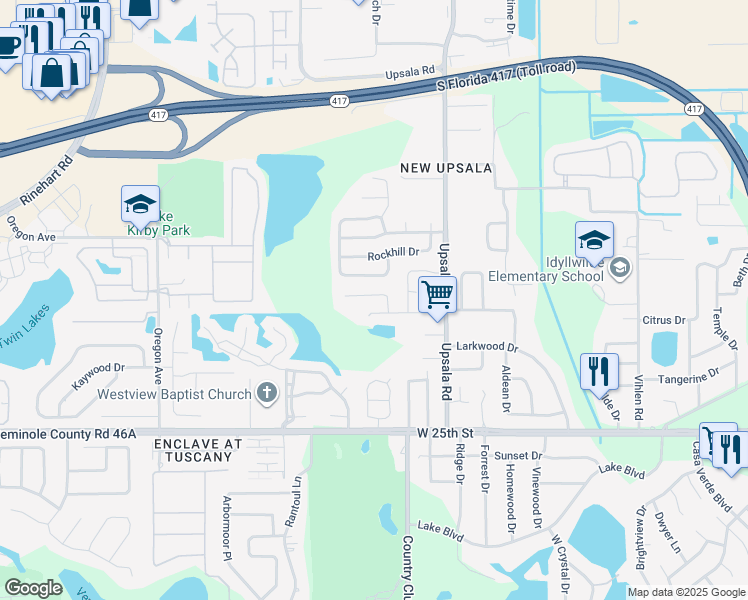 map of restaurants, bars, coffee shops, grocery stores, and more near 136 Spanish Bay Drive in Sanford