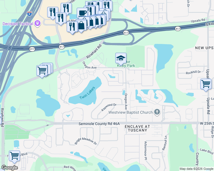 map of restaurants, bars, coffee shops, grocery stores, and more near 1950 Retreat View Circle in Sanford