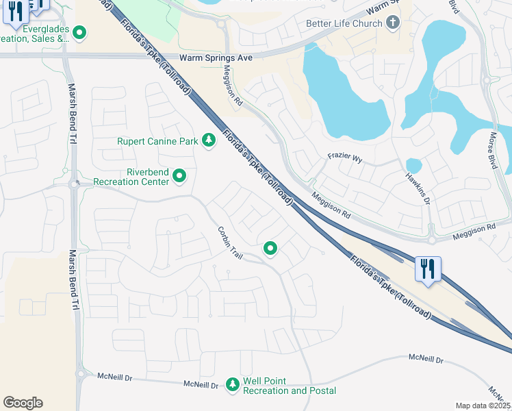 map of restaurants, bars, coffee shops, grocery stores, and more near Eury Road in The Villages