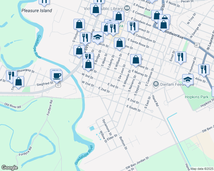 map of restaurants, bars, coffee shops, grocery stores, and more near 207 East 3rd Street in Victoria