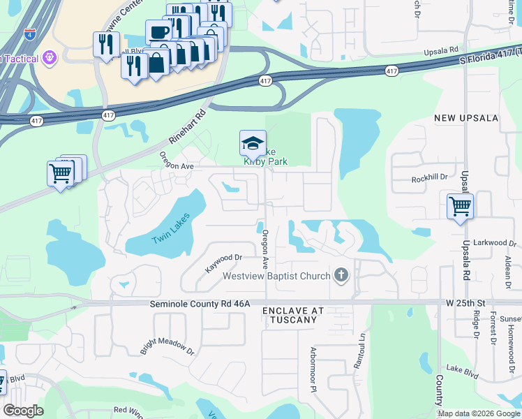 map of restaurants, bars, coffee shops, grocery stores, and more near 104 London Fog Way in Sanford