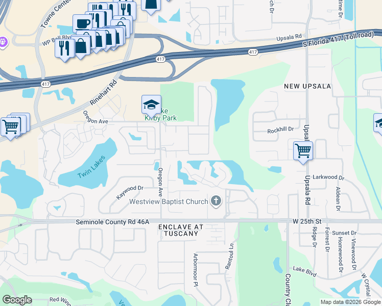 map of restaurants, bars, coffee shops, grocery stores, and more near 1153 Travertine Terrace in Sanford