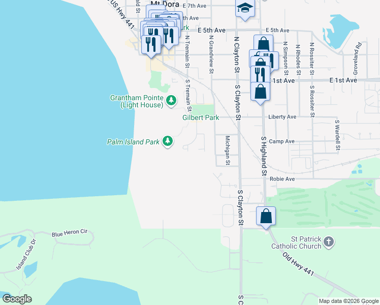 map of restaurants, bars, coffee shops, grocery stores, and more near 633 South Sandlake Court in Mount Dora
