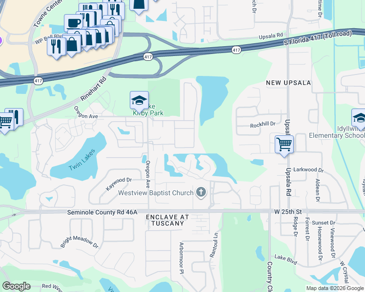 map of restaurants, bars, coffee shops, grocery stores, and more near 1246 Travertine Terrace in Sanford