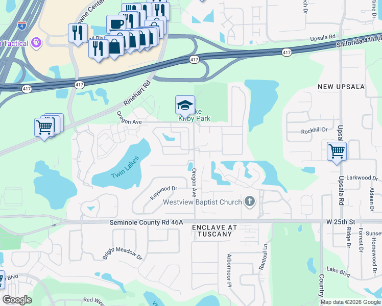 map of restaurants, bars, coffee shops, grocery stores, and more near 104 London Fog Way in Sanford