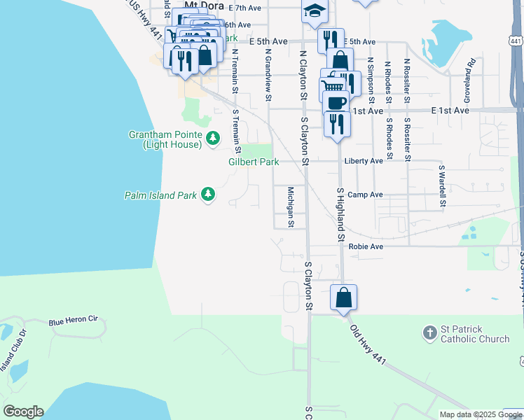 map of restaurants, bars, coffee shops, grocery stores, and more near 727 South Grandview Street in Mount Dora