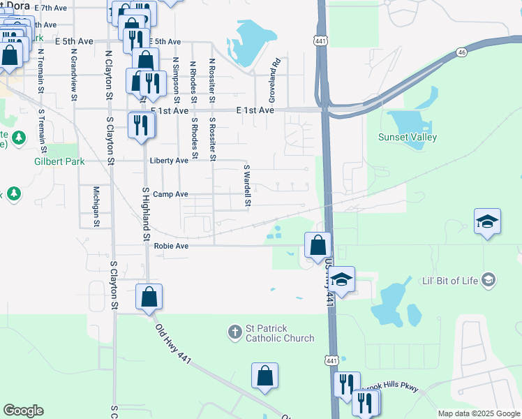 map of restaurants, bars, coffee shops, grocery stores, and more near 1560 Mountclair Court in Mount Dora