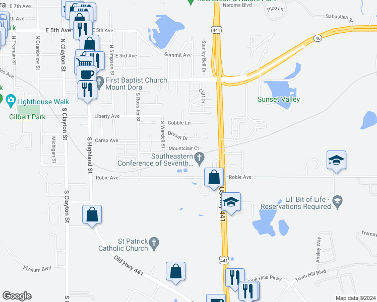 map of restaurants, bars, coffee shops, grocery stores, and more near 1720 Mountclair Court in Mount Dora