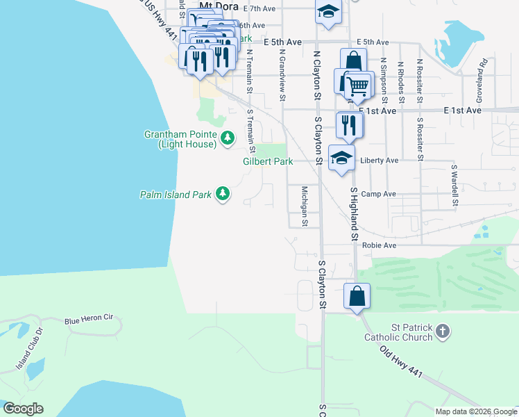 map of restaurants, bars, coffee shops, grocery stores, and more near 633 South Sandlake Court in Mount Dora