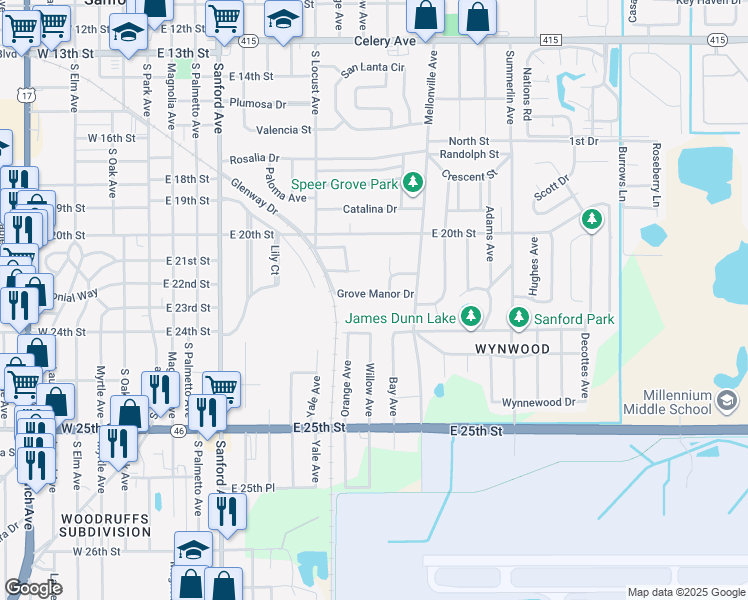 map of restaurants, bars, coffee shops, grocery stores, and more near 2317 Willow Avenue in Sanford