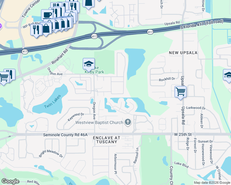 map of restaurants, bars, coffee shops, grocery stores, and more near 1246 Travertine Terrace in Sanford