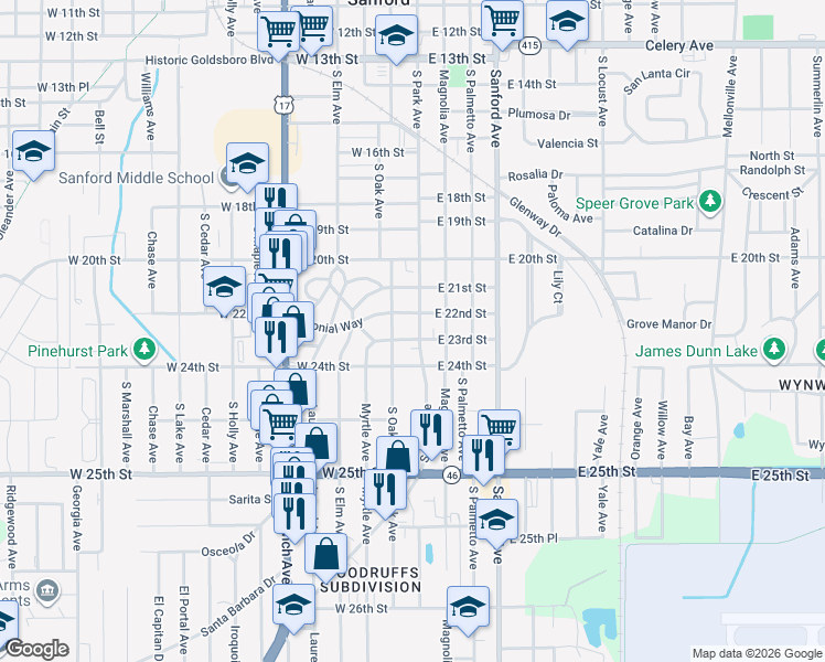 map of restaurants, bars, coffee shops, grocery stores, and more near 119 West 23rd Street in Sanford