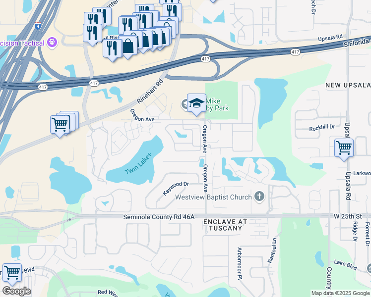 map of restaurants, bars, coffee shops, grocery stores, and more near 2141 Retreat View Circle in Sanford