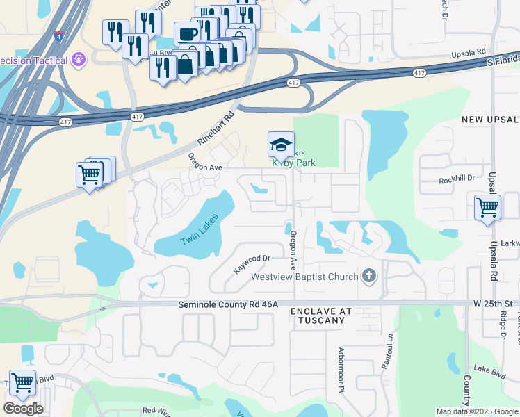 map of restaurants, bars, coffee shops, grocery stores, and more near 124 Calabria Springs Cove in Sanford