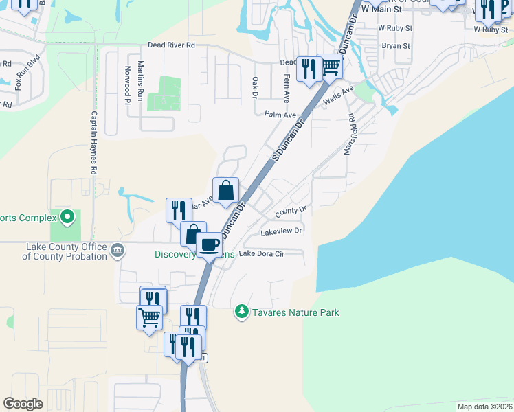 map of restaurants, bars, coffee shops, grocery stores, and more near 1302 Westland Drive in Tavares