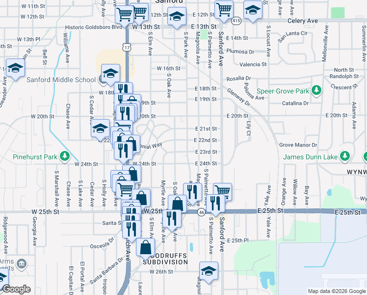 map of restaurants, bars, coffee shops, grocery stores, and more near 119 West 23rd Street in Sanford