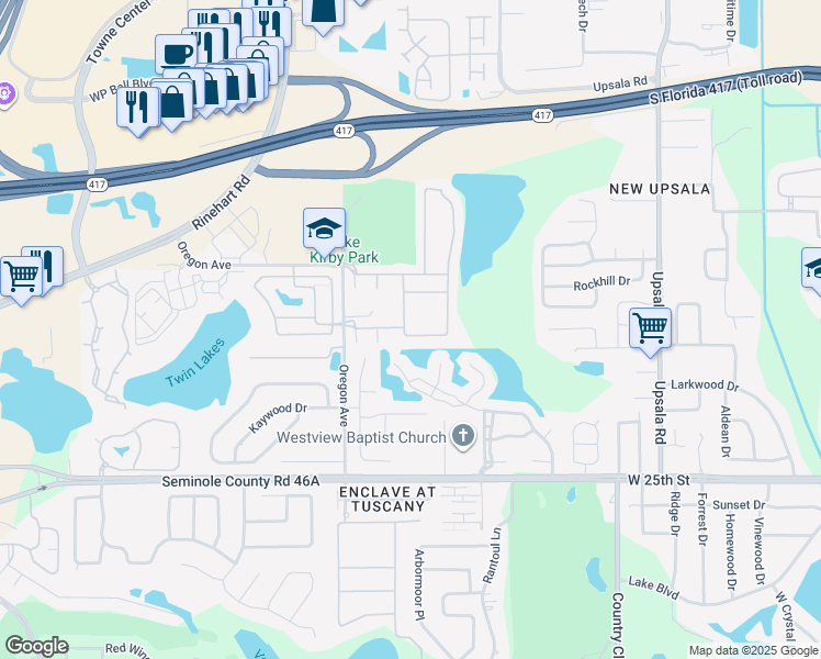 map of restaurants, bars, coffee shops, grocery stores, and more near 1246 Travertine Terrace in Sanford