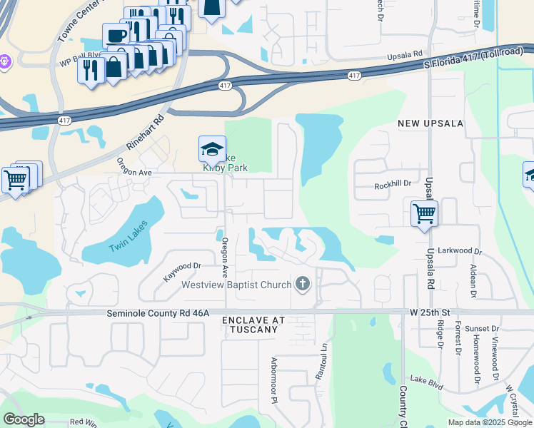 map of restaurants, bars, coffee shops, grocery stores, and more near 1151 Travertine Terrace in Sanford