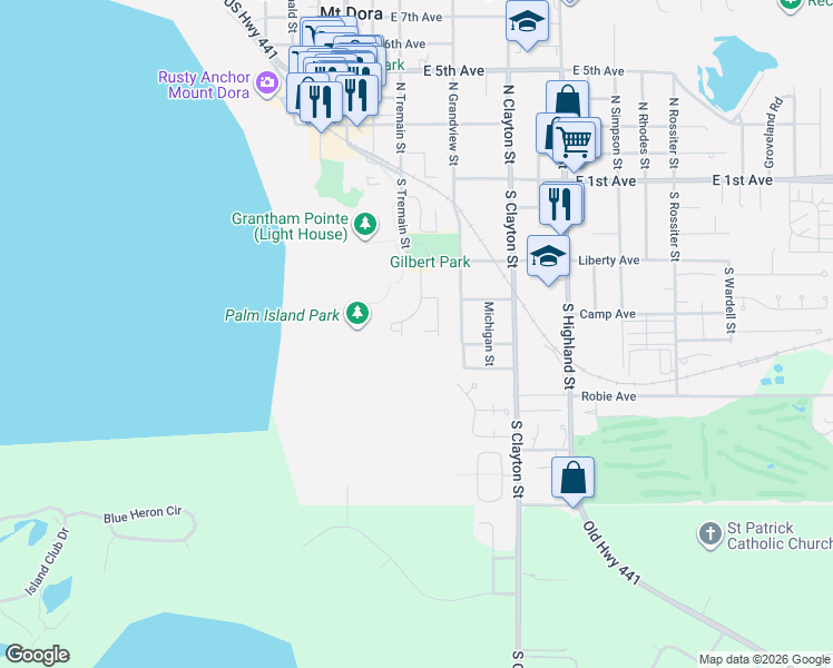 map of restaurants, bars, coffee shops, grocery stores, and more near 633 South Sandlake Court in Mount Dora