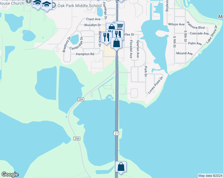 map of restaurants, bars, coffee shops, grocery stores, and more near 1404 Old Harbor Boulevard in Leesburg