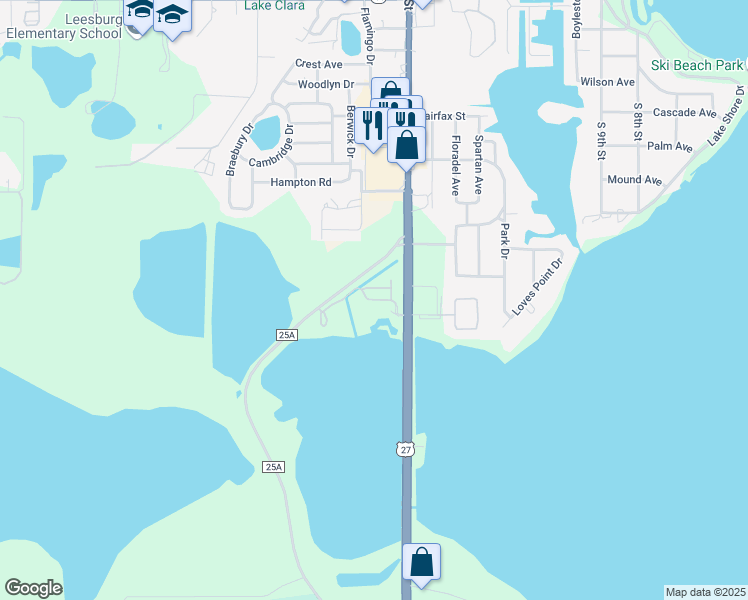map of restaurants, bars, coffee shops, grocery stores, and more near 1400 Old Harbor Boulevard in Leesburg