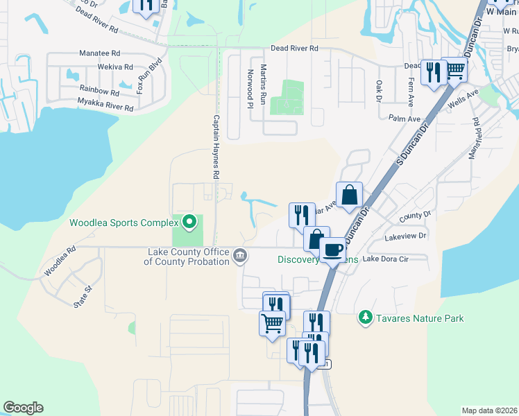 map of restaurants, bars, coffee shops, grocery stores, and more near 12301 Woodlea Road in Tavares
