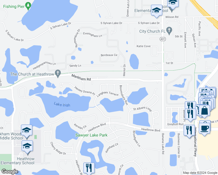 map of restaurants, bars, coffee shops, grocery stores, and more near 1039 Westbury Way in Lake Mary