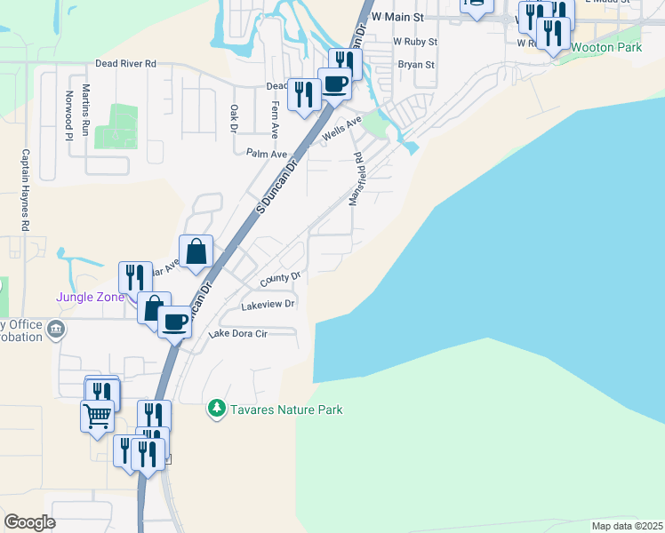 map of restaurants, bars, coffee shops, grocery stores, and more near 1070 Lake Arbor Court in Tavares