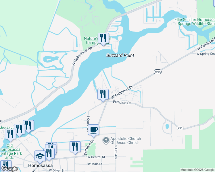 map of restaurants, bars, coffee shops, grocery stores, and more near East Canal Drive in Homosassa