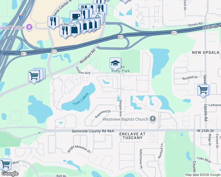 map of restaurants, bars, coffee shops, grocery stores, and more near 1310 Twin Trees Lane in Sanford