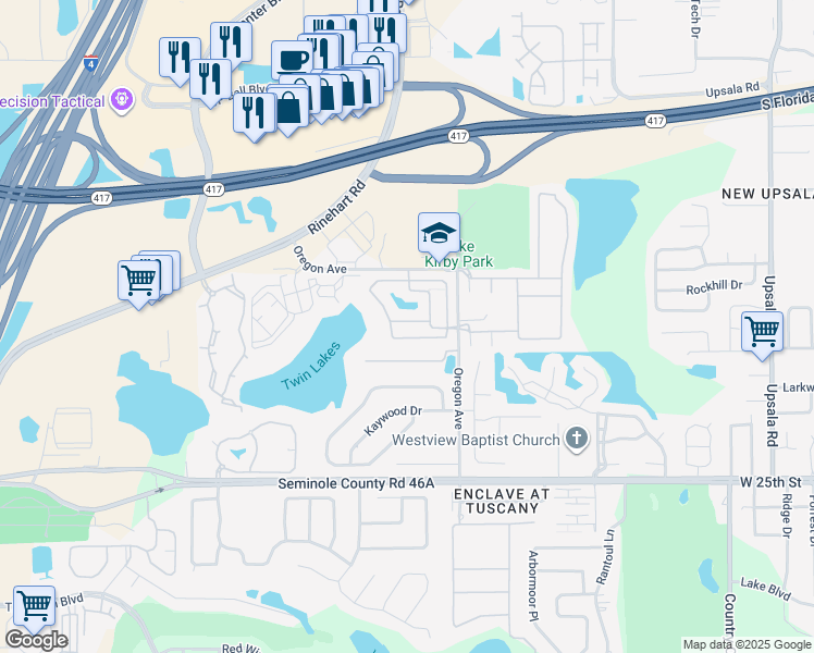 map of restaurants, bars, coffee shops, grocery stores, and more near 1220 Long Oak Way in Sanford