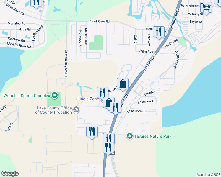 map of restaurants, bars, coffee shops, grocery stores, and more near 1210 Cedar Avenue in Tavares
