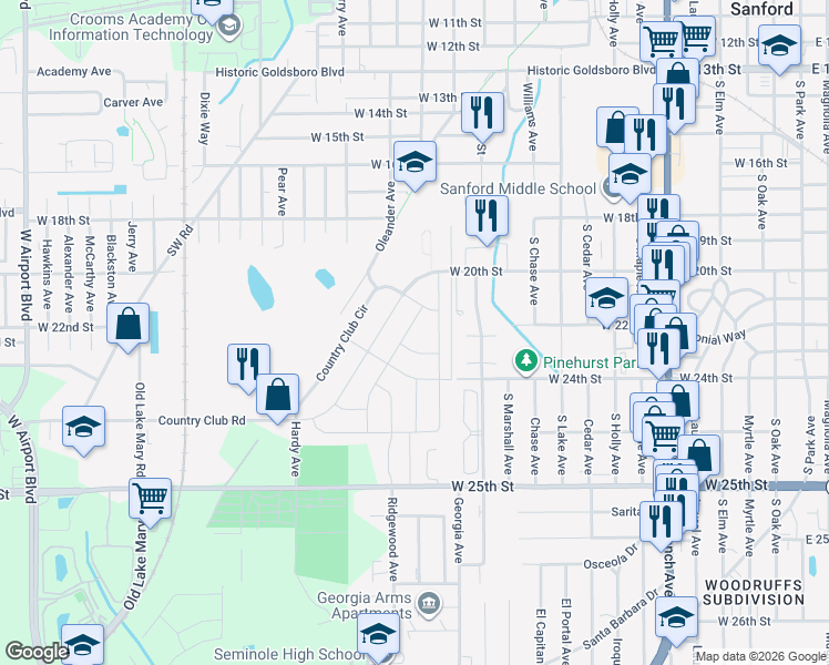 map of restaurants, bars, coffee shops, grocery stores, and more near 113 Country Club Circle in Sanford